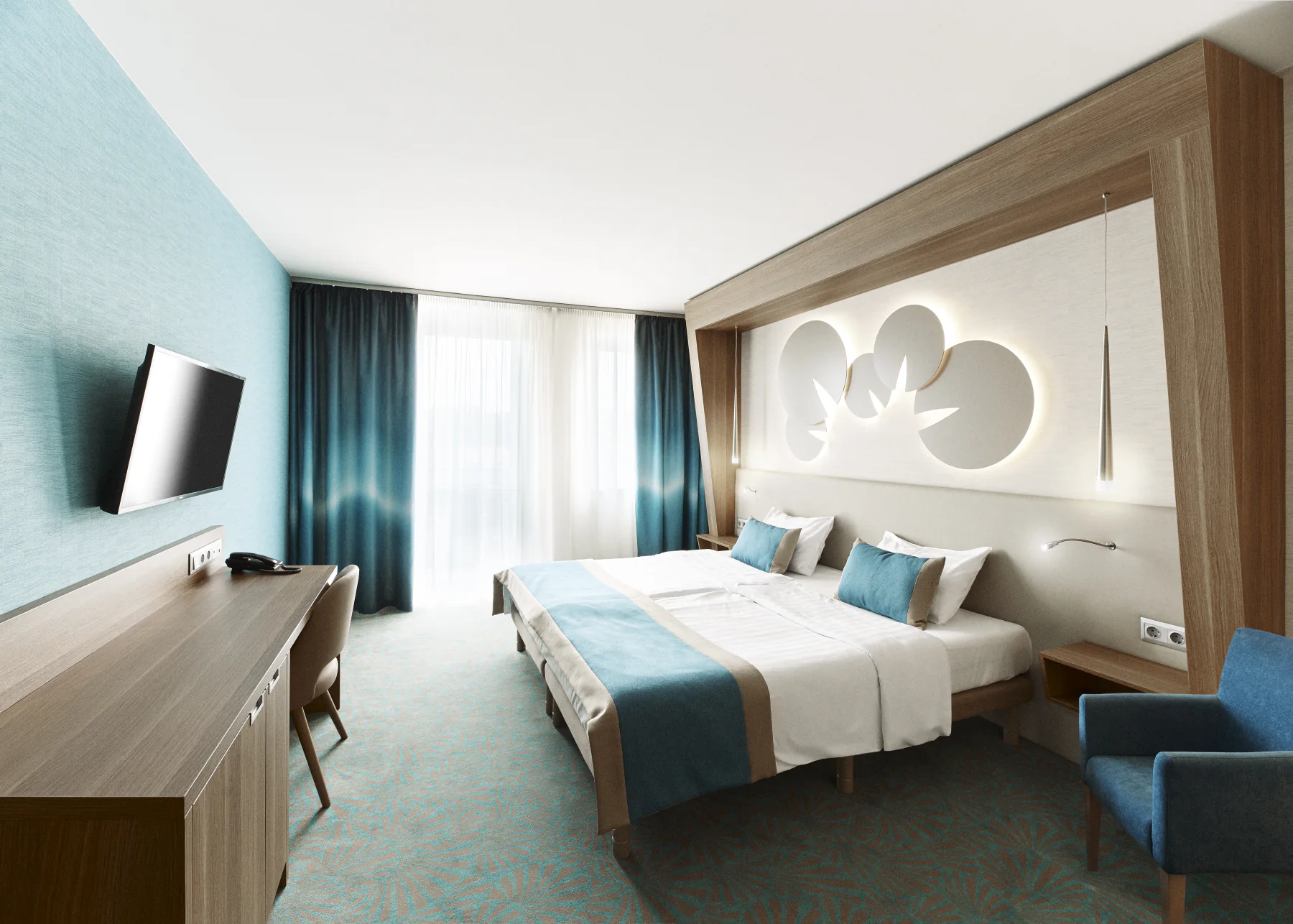 Türkiz színvilágú kétágyas szoba a Hotel Európa Fitben