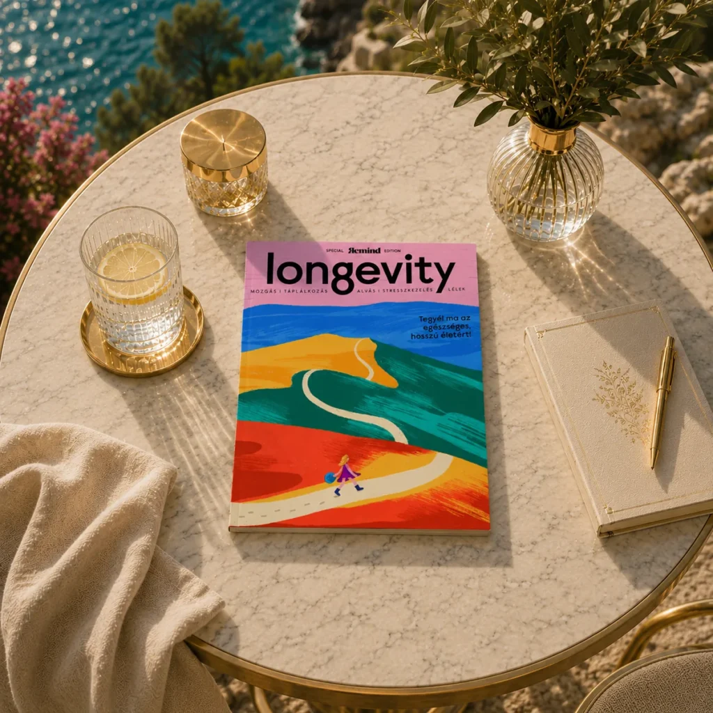 Longevity II. különszám Remind magazin borító napfényes asztalon tengerparti háttérrel